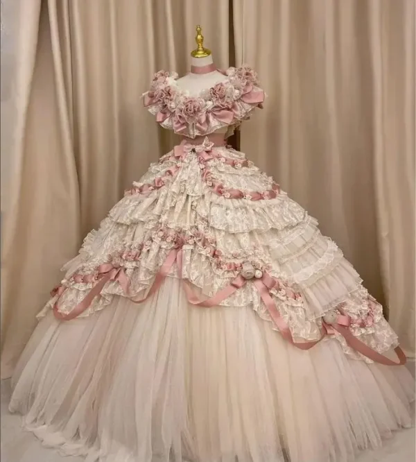 Pink homecoming dress with 3D floral corset and vintage elegance