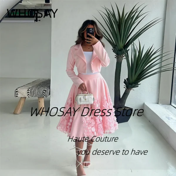 Pink homecoming dress with long sleeves, 3D flowers, A-line style