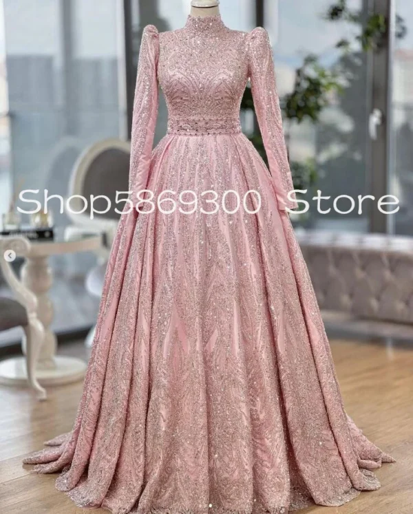 Pink Homecoming Dress: Sparkly Muslim Arabic Prom Evening Gown