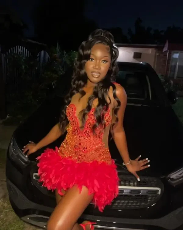 Pink homecoming dress with sparkly diamonds, crystals, and feathers - Image 2