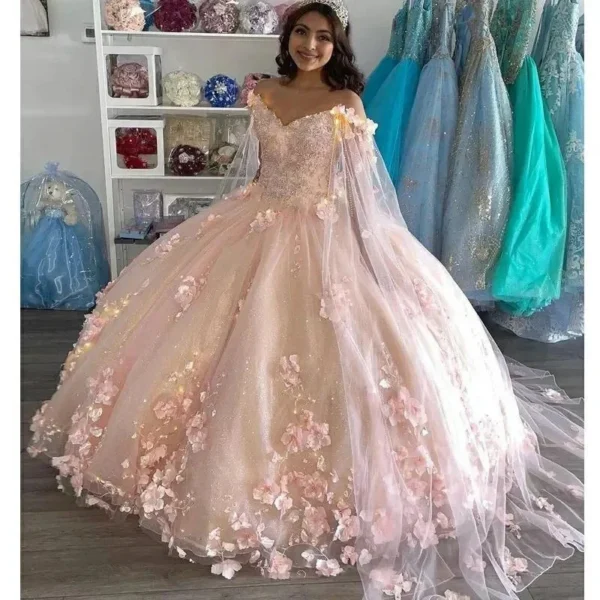 Glittering Pink Homecoming Dress with Applique Lace and Cape