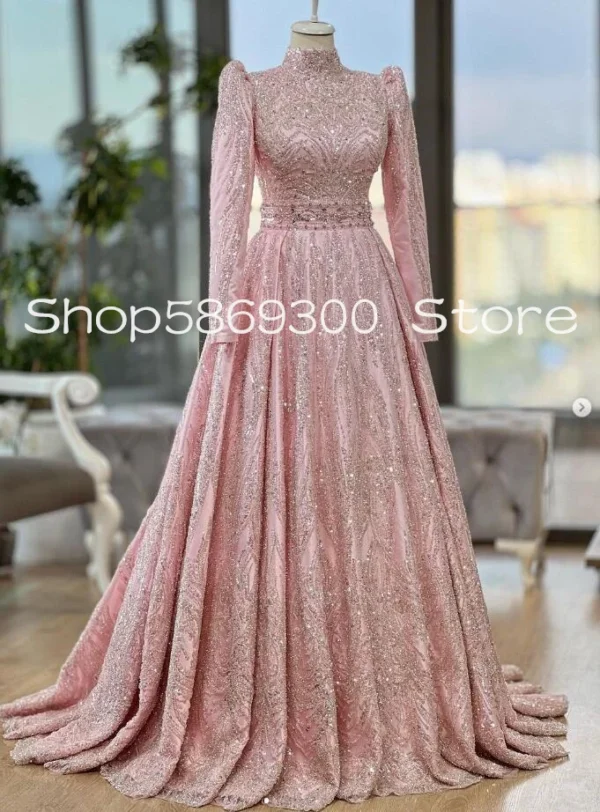 Pink Homecoming Dress: Sparkly Muslim Arabic Prom Evening Gown - Image 2