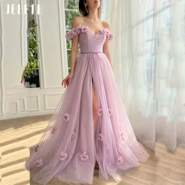 3D Flowers Pink Prom Party Dress Women Princess High Split Gown