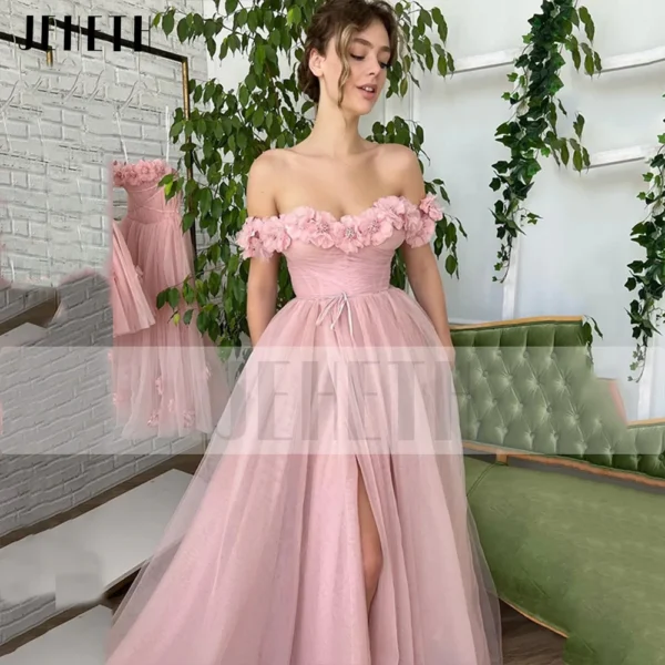 Pink Homecoming Dress: 3D Flowers Tulle Off-Shoulder Evening Gown - Image 3