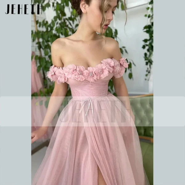 Pink Homecoming Dress: 3D Flowers Tulle Off-Shoulder Evening Gown - Image 4
