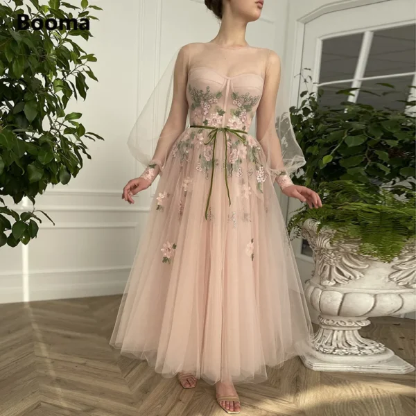 Blush Pink Homecoming Dress with Long Sleeves, Illusion Neckline, Appliques