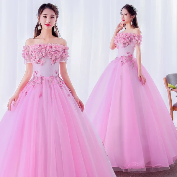 New Pink Boat Neck Floor Length Princess Bridesmaid Prom Dress