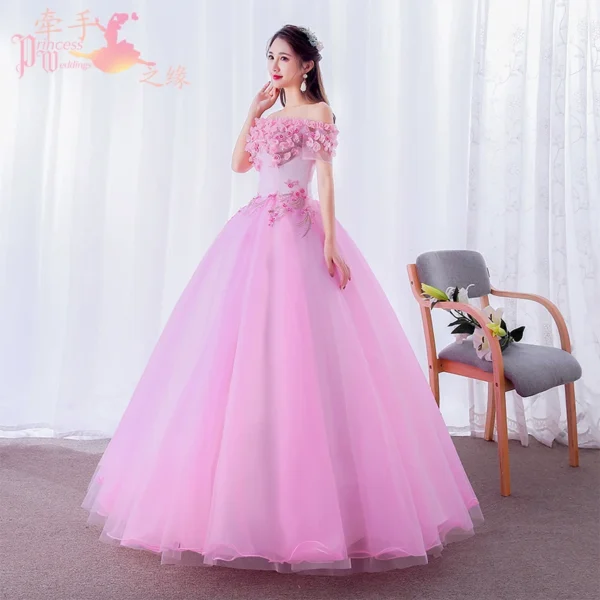 New Pink Boat Neck Floor Length Princess Bridesmaid Prom Dress - Image 4