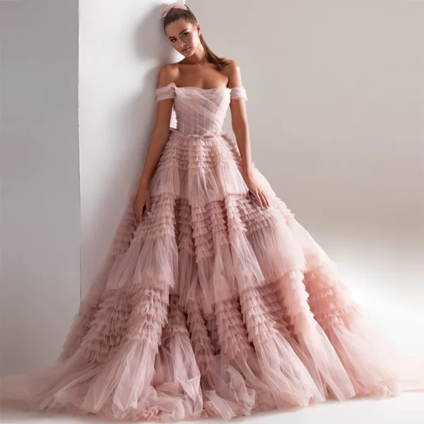 Dusty Pink Long Prom Dress Off Shoulder Ruffles A-Line Evening Party