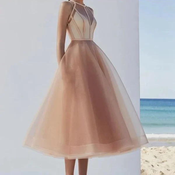 Pink Homecoming Dress Tulle Sleeveless Tea-Length Elegant Formal Party Gown - Image 2