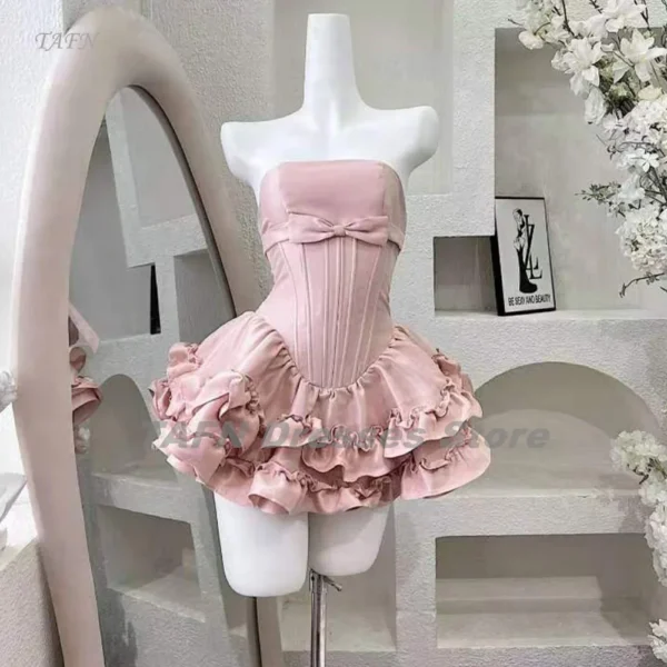 Pink Homecoming Dress Strapless A-Line Mini Bow Ruffle Cute Party Gown