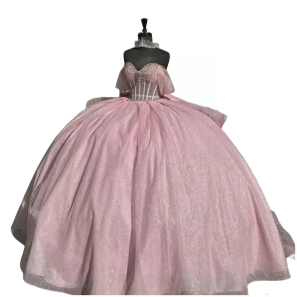 Custom Pink Shiny Off Shoulder Beaded Prom Quinceanera Gown for Girls - Image 4