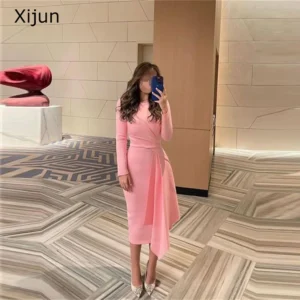 Xijun Pink Short Evening Prom Dress Long Sleeve Tea Length Gown