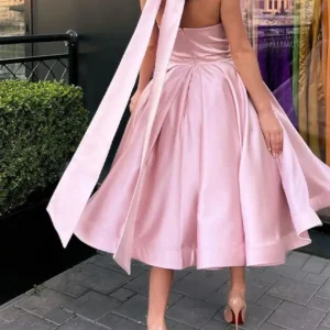 Pink Prom Dress Halter Neck A-Line Satin Tea Length Gown Customized