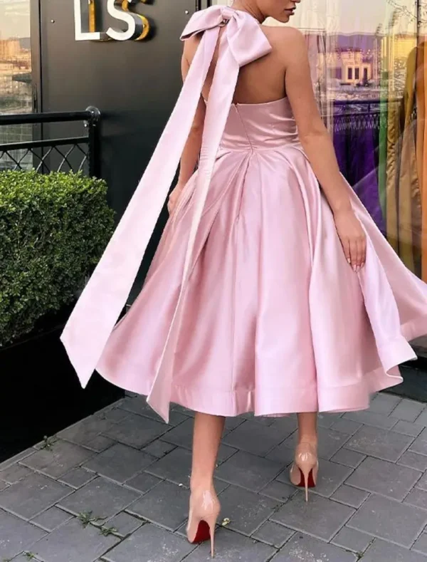 Pink Prom Dress Halter Neck A-Line Satin Tea Length Gown Customized