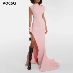 Elegant Mermaid Pink Pleated Sleeveless High Neck Evening Party Dress