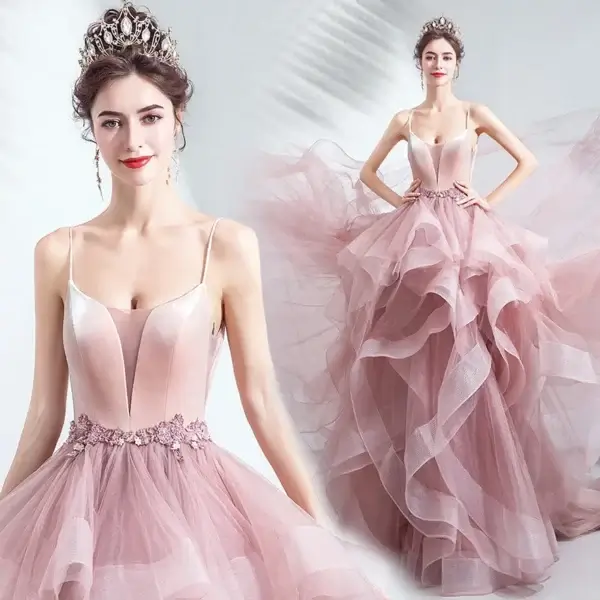 Unique Pink Puffy A-Line Wedding Quinceanera Prom Dress With Ruffles - Image 2