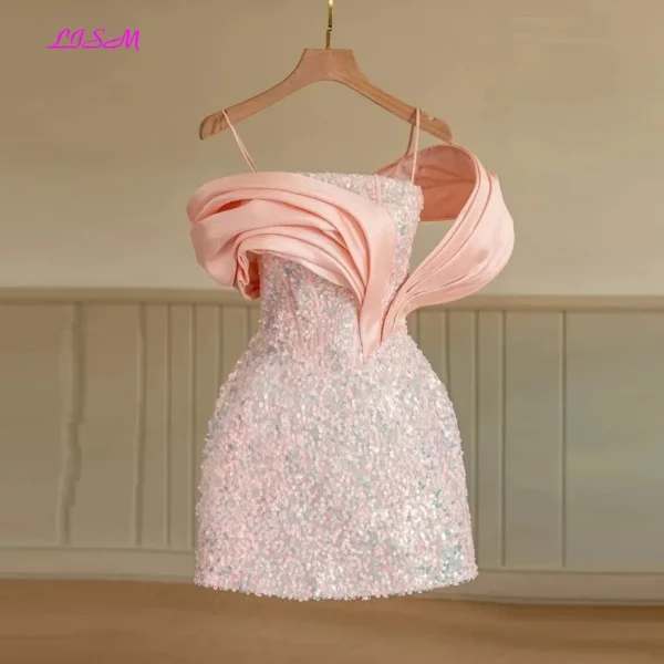 Custom pink homecoming dress with glitter, sequins, and crystal details - Image 3