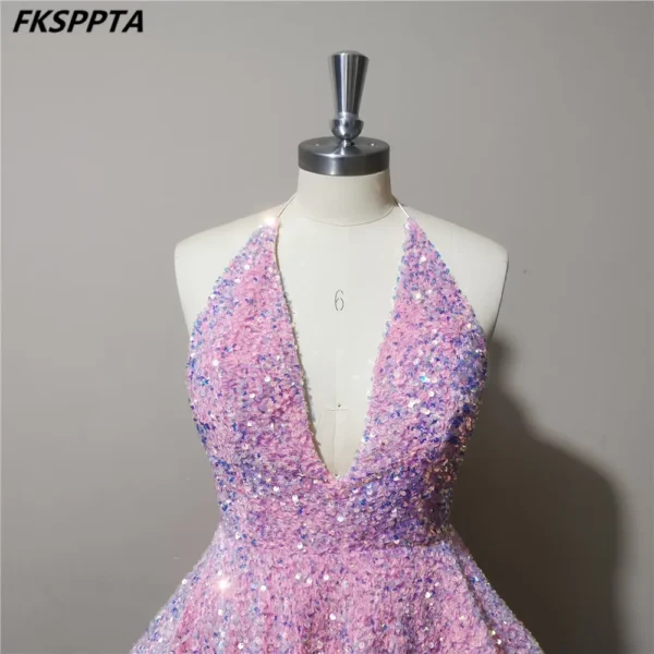 Pink Homecoming Dress: Backless Sequin Tiered Skirt Party Gown - Image 4