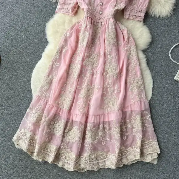 French Vintage Pink Lace Embroidery Slim Waist Summer Princess Dress - Image 3