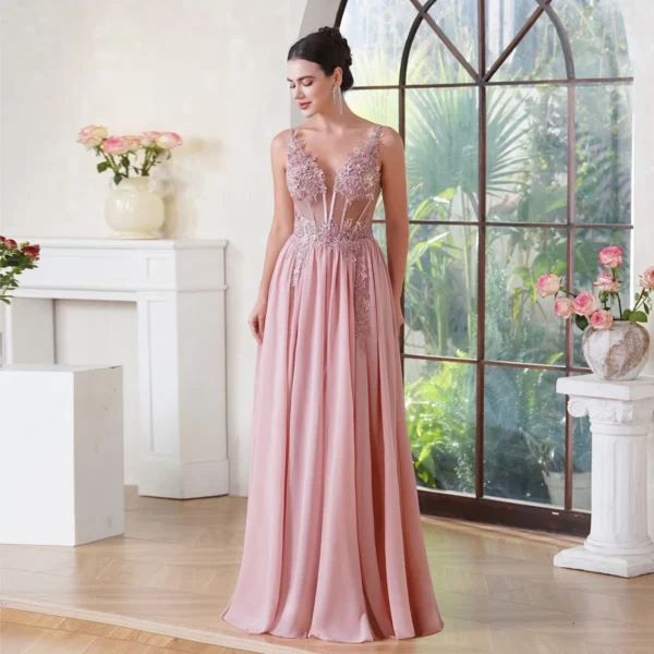 Pink homecoming dress, V-neck beaded appliques spaghetti strap gown
