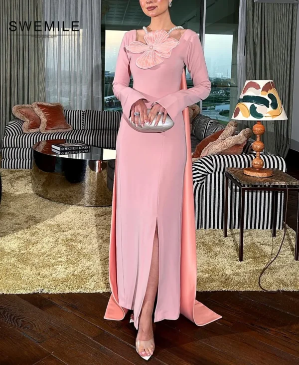 Pink Homecoming Dress: Elegant Long Sleeves Floor-Length 3D Flower Dress