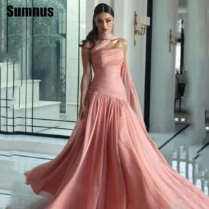 SUMNUS Pink A-Line Prom Dress Chiffon Ruched Strapless Evening Gown