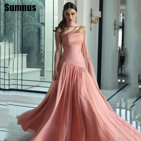 SUMNUS Pink A-Line Prom Dress Chiffon Ruched Strapless Evening Gown