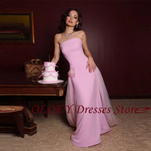 OLOEY Elegant Pink Strapless Floor-Length Wedding Party Prom Dress