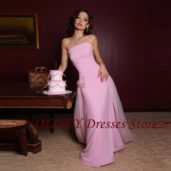 OLOEY Elegant Pink Strapless Floor-Length Wedding Party Prom Dress