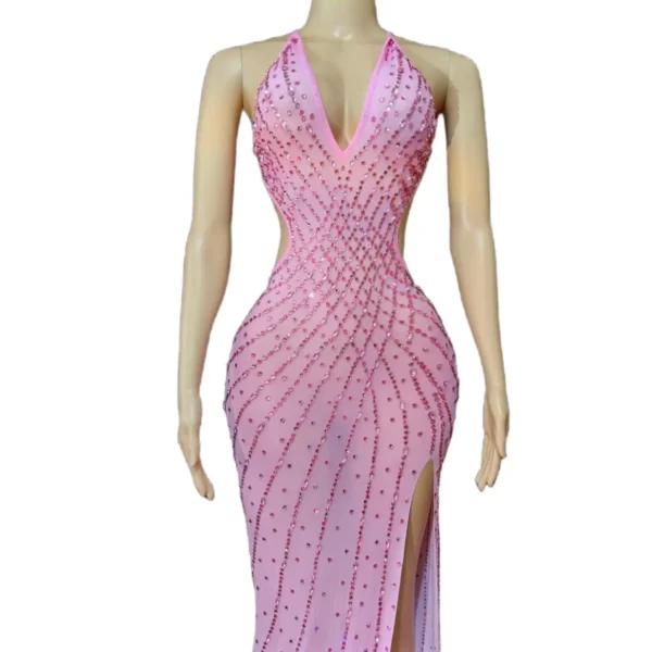 Flashing Pink Rhinestone Backless Dress Long Train Party Outfit - Image 4