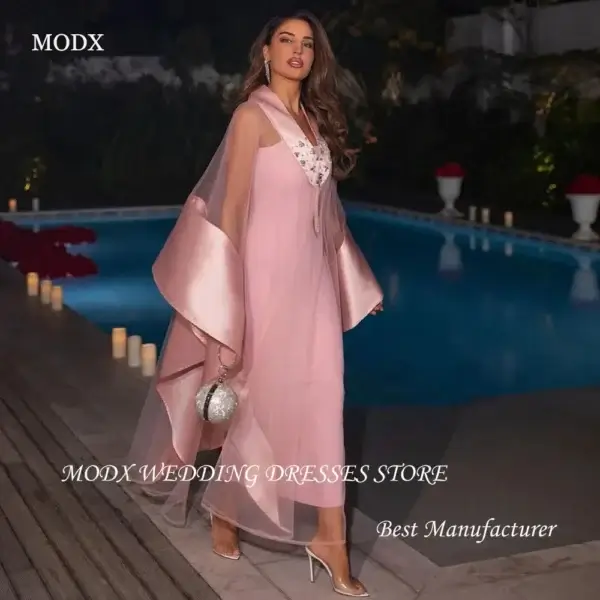 Arabic Pink Crepe Mermaid Dress With Detachable Cape For Prom