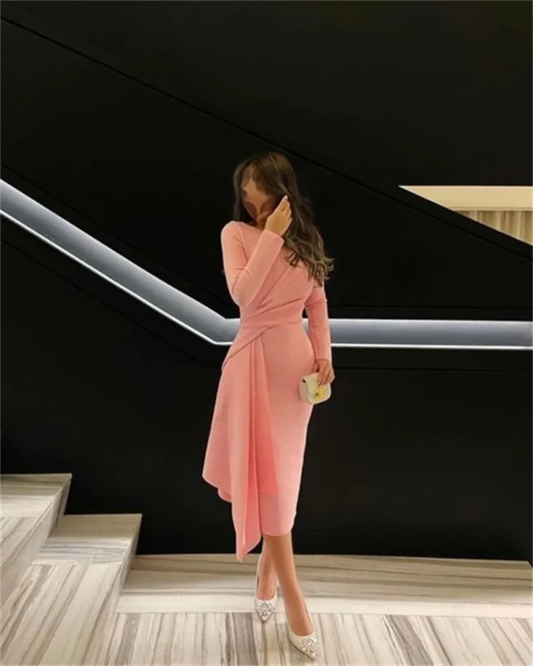 Xijun Pink Short Evening Prom Dress Long Sleeve Tea Length Gown - Image 3