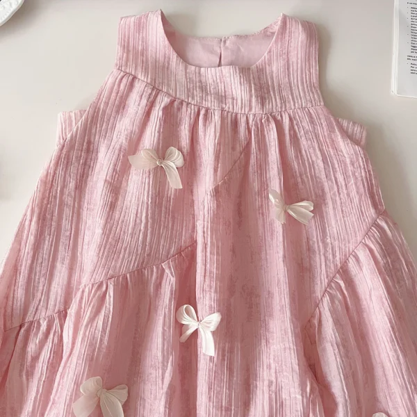 Sleeveless Pink Patchwork Bowknot Dress For 1-8Y Girls Summer Toddler - Image 3