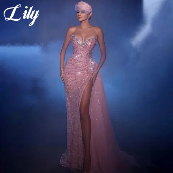 Pink Homecoming Dress Sequins Mermaid Sexy Split V-Neck Beaded Satin