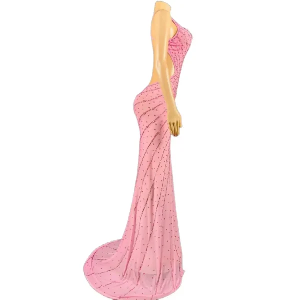 Flashing Pink Rhinestone Backless Dress Long Train Party Outfit - Image 2