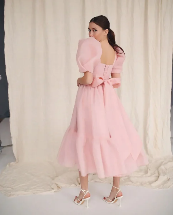 Pink homecoming dress, organza tea-length, puffy sleeves, square neck A-line - Image 3