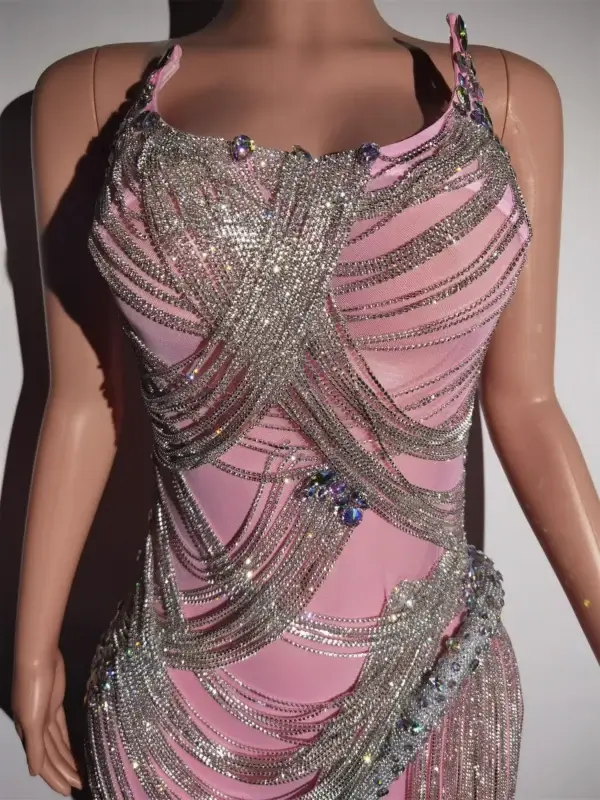 Rhinestone Crystal Fringe Pink Party Dress Sexy Prom Stage Costume - Image 5