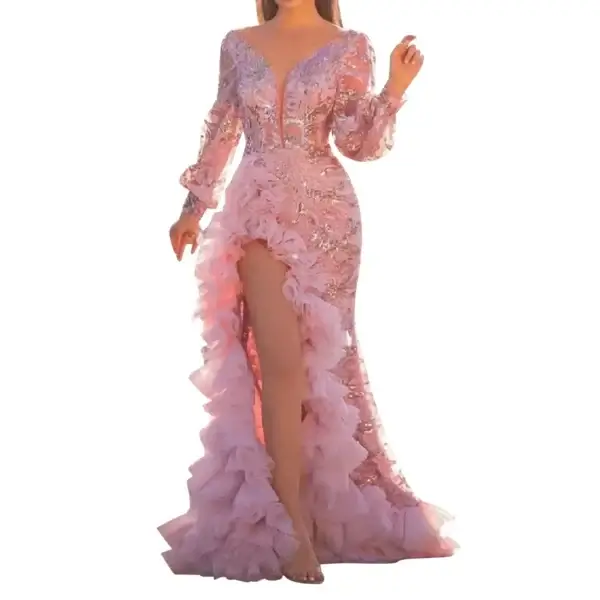 Elegant Pink Maxi Evening Dress V Neck Split Ruffles Party Gown - Image 2