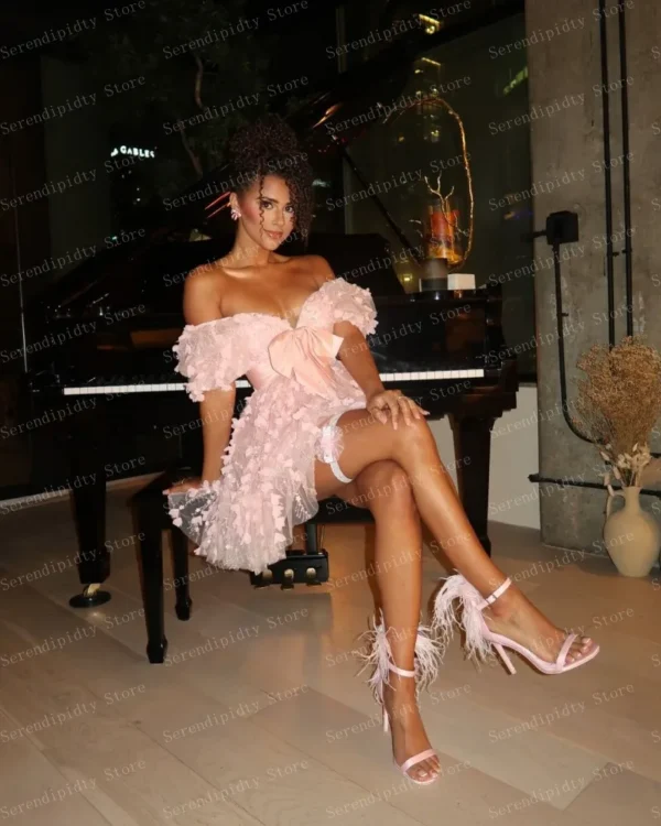 Light pink off-shoulder A-line floral homecoming dress with bow - Image 4