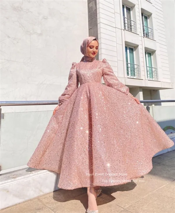 Pink Homecoming Dress Glitter Sequined Ankle-Length Modest A-Line Party Gown - Image 4