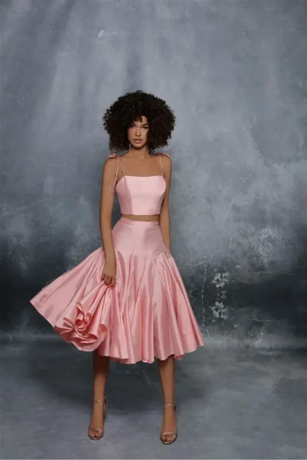 Pink Homecoming Dress Taffeta Two-Piece Knee-Length Spaghetti Strap A-Line