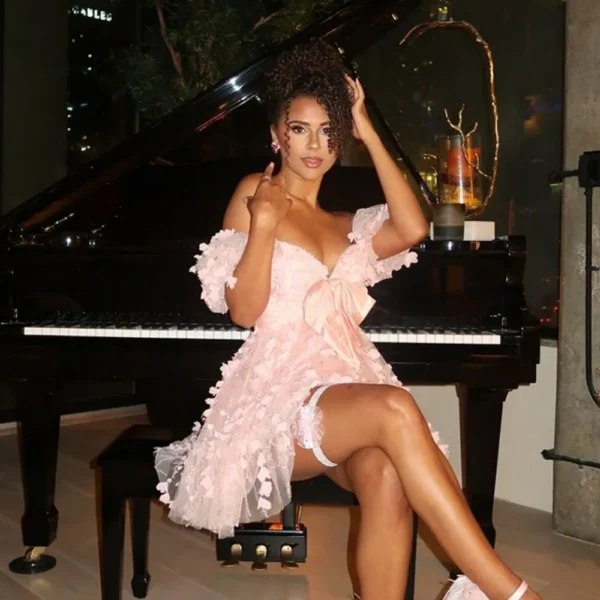 Light pink off-shoulder A-line floral homecoming dress with bow