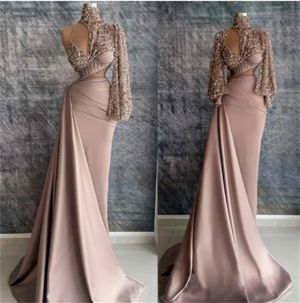 Pink Homecoming Dress Mermaid Sequined Satin Cut Out Sleeves