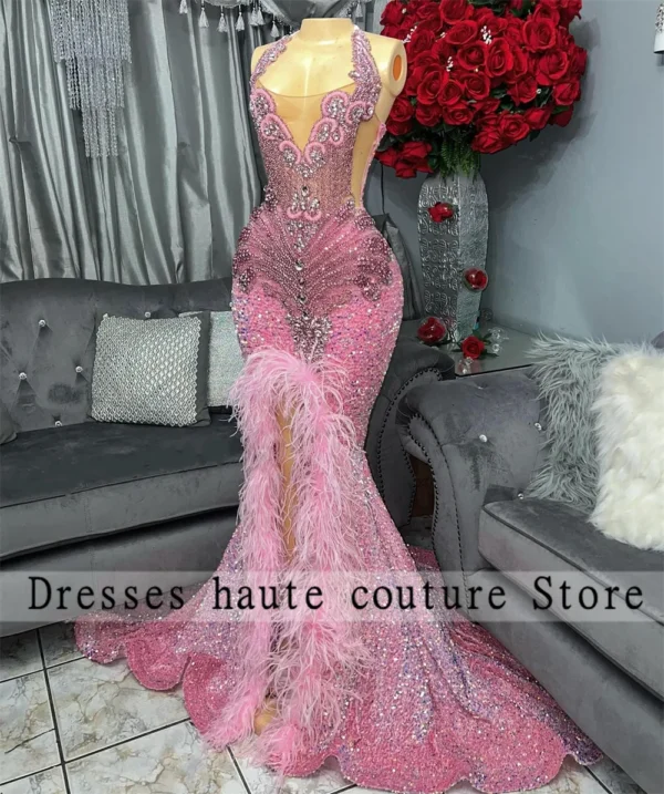 Pink Homecoming Dress with Sequins, Feathers, and Rhinestones for Party