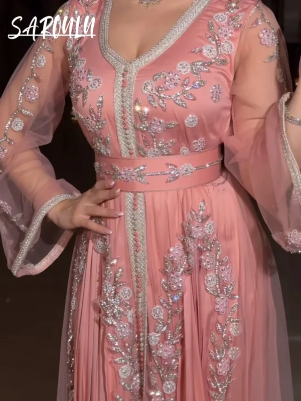 Pink Homecoming Dress: V-neck Beaded Moroccan Evening Caftan Gown