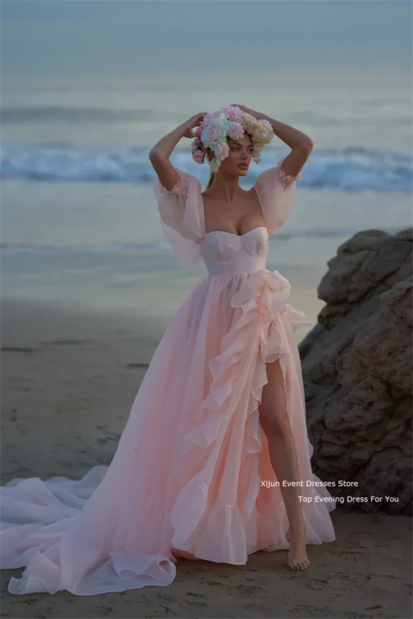 Pink homecoming dress with short puff sleeves, ruffles, and slit - Image 5
