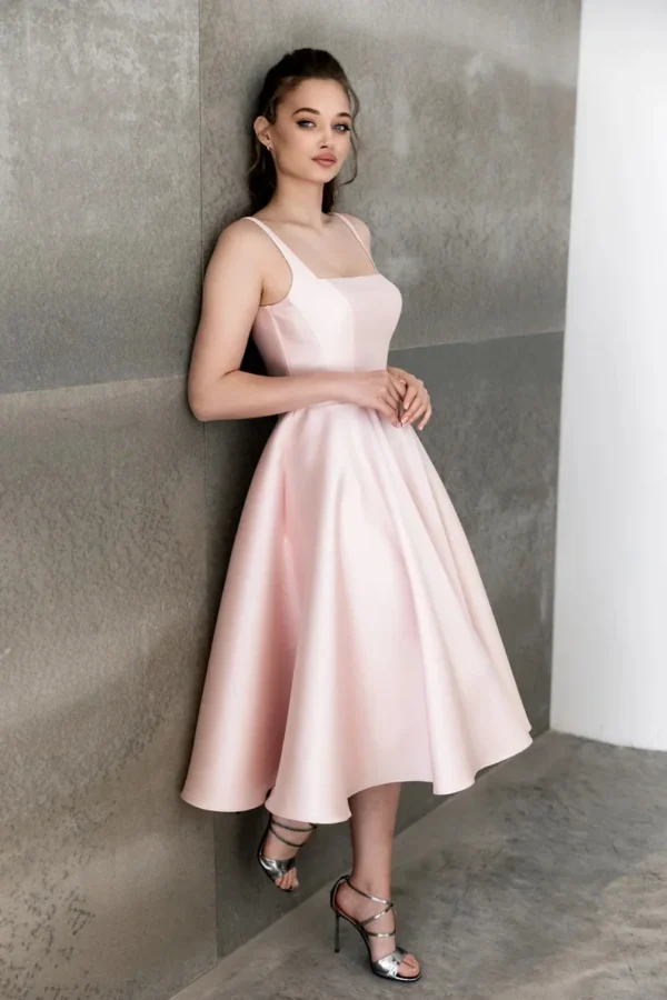 Pink Homecoming Dress: Midi Satin Prom Gown with Pockets