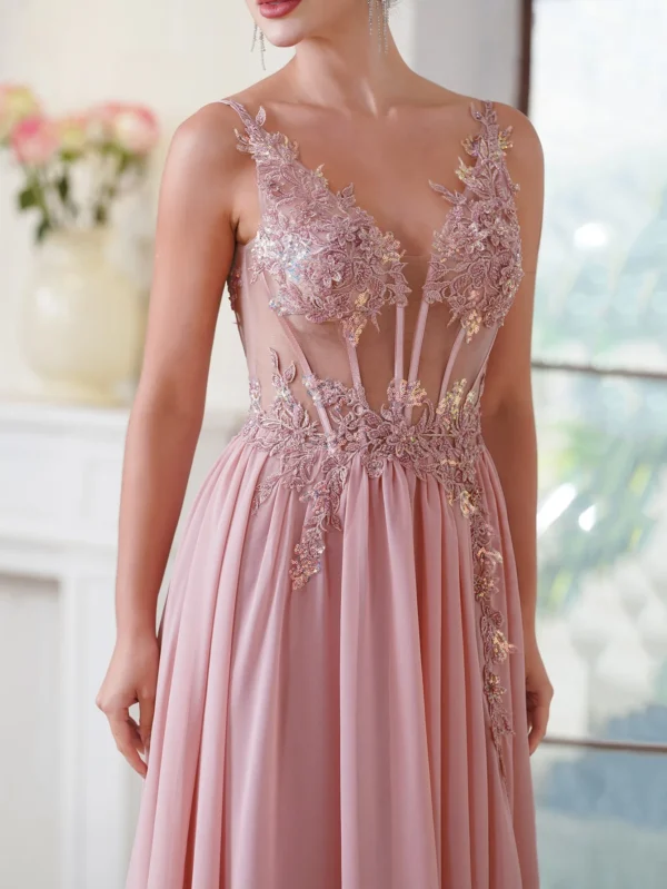 Pink homecoming dress, V-neck beaded appliques spaghetti strap gown - Image 4