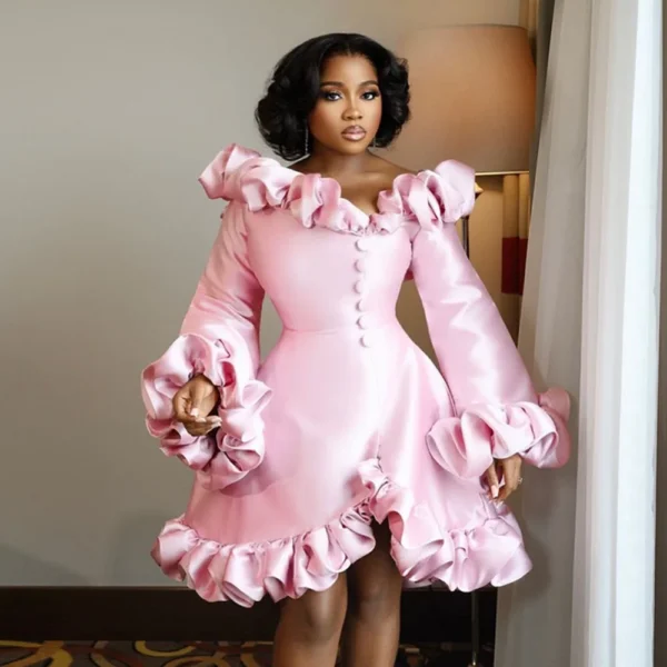 Light Pink Off Shoulder Mini Dress Ruffled Back A-Line Custom Made